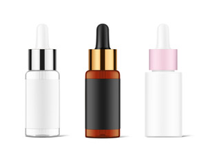 Realistic dropper bottle mockup. Vector illustration isolated on white background. Сan be used for cosmetic, medical and other needs. EPS10.
