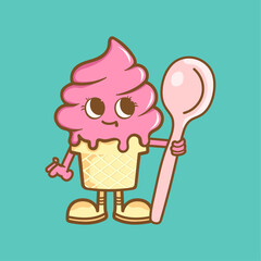 Logo mascot ice cream with a spoon in his hands. Delicious and fun. Vector illustration