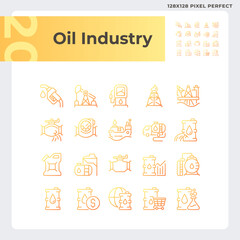 Oil industry gradient linear vector icons set. Energy market. Natural resource. Petroleum refining. Fuel economy. Thin line contour symbol designs bundle. Isolated outline illustrations collection