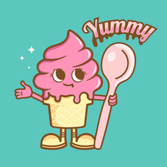 Logo mascot ice cream with a spoon in his hands. Delicious and fun. Vector illustration