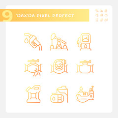 Petroleum industry gradient linear vector icons set. Oil and gas production. Pipeline transport. Fossil fuel. Thin line contour symbol designs bundle. Isolated outline illustrations collection