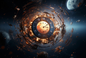 clock in space time concept, generative ai - obrazy, fototapety, plakaty