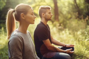 Two people meditating in a peaceful environment. Generative AI