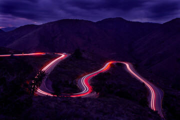 Mountain roadway at twilight, Lariat Trail, Colorado