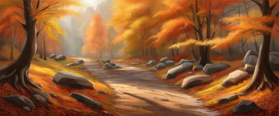 A landscape of yellowish trees and a mountain river with stones in the season of autumn - Generative AI Technology