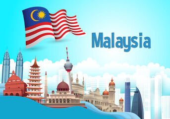 Vector design Ilustration of city of Malaysia landmark, Kuala Lumpur and flag. Malaysia Travel concept. - 625424469