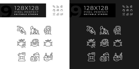 Petroleum industry linear icons set for dark, light mode. Oil and gas production. Pipeline transport. Fossil fuel. Thin line symbols for night, day theme. Isolated illustrations. Editable stroke