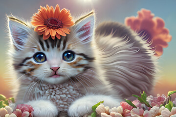 a fluffy kitten. a curly kitten with flowers. Generative AI