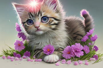 Naklejka na ściany i meble a fluffy kitten. a curly kitten with flowers. Generative AI