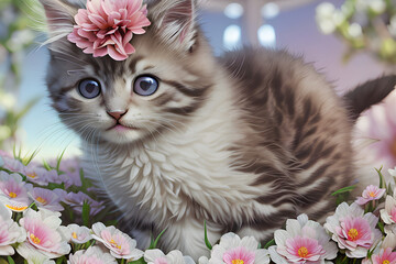 a fluffy kitten. a curly kitten with flowers. Generative AI