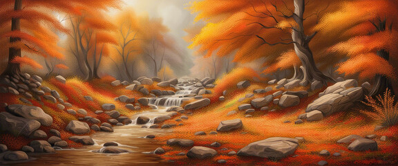Autumn forest banner. Autumnal nature landscape, yellow forests trees and woodland fall leaves. October foliage fall autumnal scene, september park tree and river . Generative AI Technology