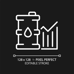 Oil industry analytics white linear icon for dark theme. Supply and demand. Petroleum company. Oil market. Energy trading. Thin line illustration. Isolated symbol for night mode. Editable stroke