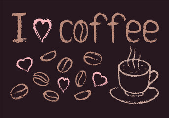 I like coffee set with chalk texture, cup of coffee, beans and hearts. Each element is isolated. Nice for restaurant menu, coffee shop, wallpaper, background or other using. Vector illustration.