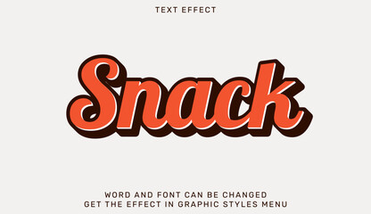 Snack text effect template in 3d style. Text emblem for advertising, branding, business logo