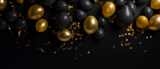Fototapeta na wymiar holidays background with black,golden balloons, confetti, sparkles, lights. Anniversary. Banner for birthday, party, Topp view. Flat lay. Generative Ai.