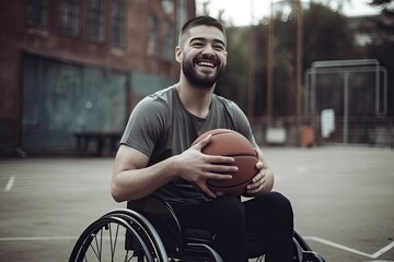 Man playing basketball in a wheelchair in an outdoor court. AI generative - 625425881