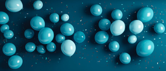 Obraz na płótnie Canvas Holidays blue background with deep blue balloons, confetti, sparkles, lights. Anniversary. Banner for birthday, party, Topp view. Flat lay. Generative Ai.