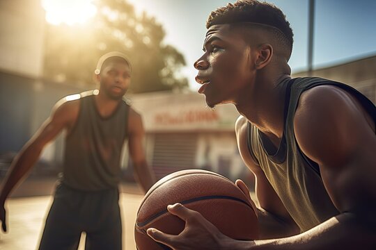 African american friends playing basketball in the street. AI generative