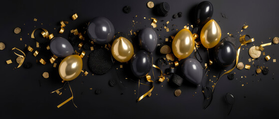 Luxury holidays background with black,golden balloons, confetti, sparkles, lights. Anniversary. Banner for birthday, party, Topp view. Flat lay. Generative Ai.