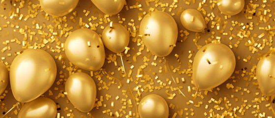 Luxury gold holidays background with golden balloons,confetti, sparkles, lights. Anniversary. Banner for birthday, party, Topp view. Flat lay. Generative Ai.