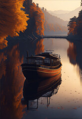 Boating on a lake at sunrise in rural parts of Kyoto in autumn Japan. Travel Photograph illustration