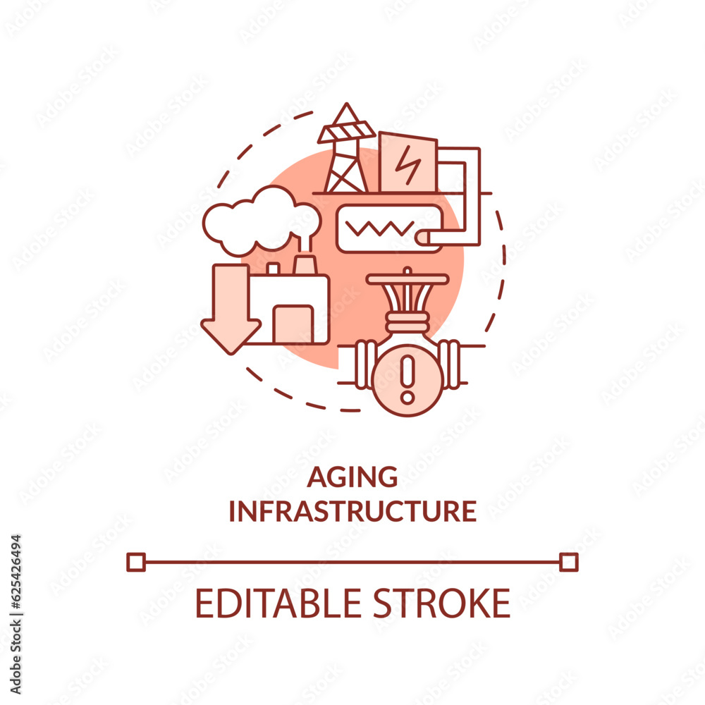 Aufkleber editable aging infrastructure linear concept, isolated vector, red thin line icon representing carbo