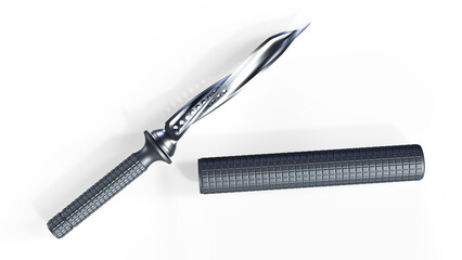 Stainless steel carving fork with black plastic handle on white background - 3D render