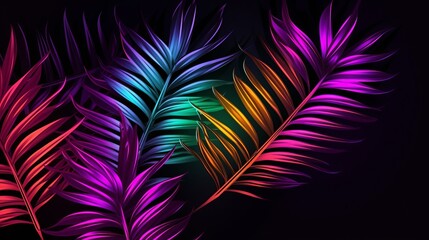 3d render of neon palm leaves on black background. Banner design. Retrowave, synthwave, vaporwave illustration