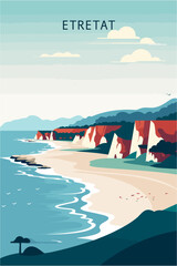 France Etretat village ocean shore landmarks view brochure. Colorful beach summer vector flat poster for Normandy region with nature - obrazy, fototapety, plakaty