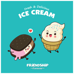 Vintage poster design with vector ice cream character. 