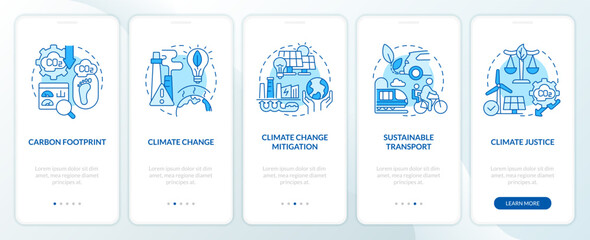 Blue linear icons representing carbon border adjustment mobile app screen set. 5 steps graphic instructions, UI, UX, GUI template.