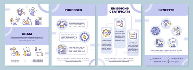 Carbon border adjustment purple brochure template, leaflet design with linear icons, 4 vector layouts.