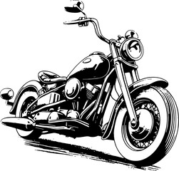 Retro motorcycle, black and white detailed vector illustration isolated without backdrop, chopper. Icon of a stylish vintage motorbike with details for decoration and design without a background  © RESTIANT