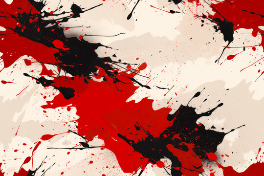 Seamless red and black paint splats on light beige background pattern / texture. Generative AI