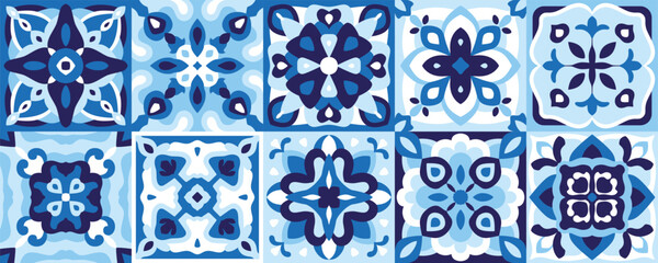 Ceramic tiles set in blue indigo color. Majolica, Azulejo, Spanish pattern, Patchwork ornaments, Portuguese background, decorative pottery design, vector illustration for floor, wall, kitchen interior