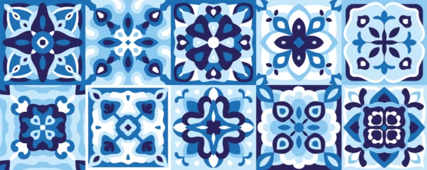 Gordijnen Ceramic tiles set in blue indigo color. Majolica, Azulejo, Spanish pattern, Patchwork ornaments, Portuguese background, decorative pottery design, vector illustration for floor, wall, kitchen interior © Marina