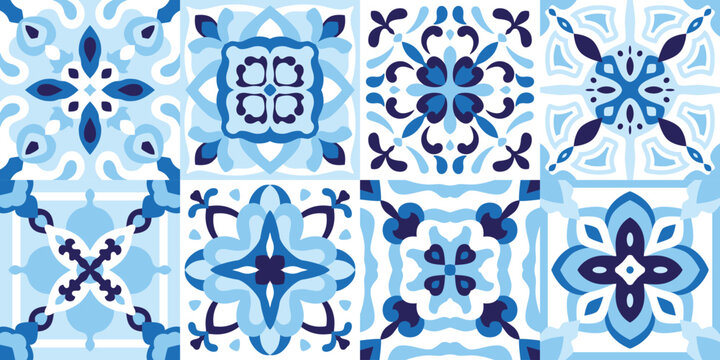 Ceramic tiles set in blue cobalt color. Subtle majolica, Spanish pattern, Portuguese patchwork ornaments, decorative pottery design, vector illustration for floor, wall, kitchen interior, textile