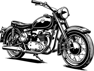Retro motorcycle, black and white detailed vector illustration isolated without backdrop, chopper. Icon of a stylish vintage motorbike with details for decoration and design without a background  © RESTIANT