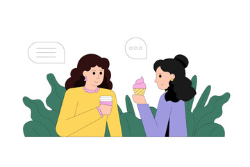 Female friends eating ice cream, standing outside in park and talking. Ladies meet each other outside. Friendly communication concept. Flat vector illustration in cartoon style