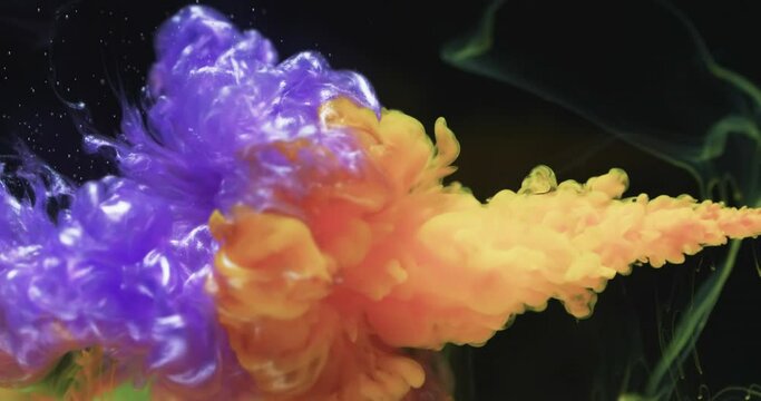 Slow motion video of yellow and purple watercolor ink mixing in water against black background