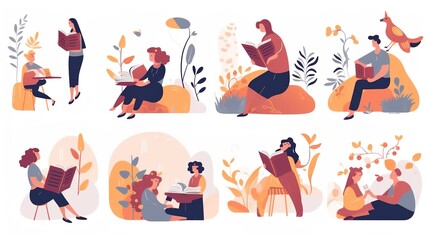 Fototapeta premium Book concepts set. Happy readers reading fiction, fantasy, fairytale, education and business literature for knowledge, wisdom.