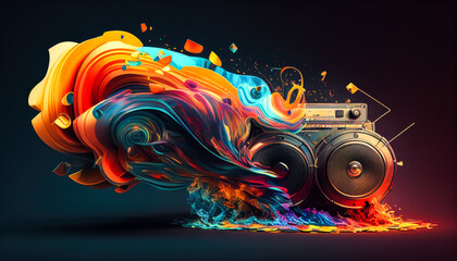 illustration of loud speakers on abstract musical background. Au generated.