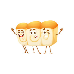 Cartoon Japanese shokupan bread characters, vector bakery and pastry funny food. Shokupan or milk bread loaf from Japan cuisine, pastry bun rolls as emoji or comic food emoticon