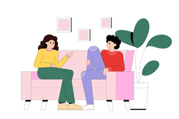 Young man and female sitting on sofa and talking. Friends spending time at home. Friendly communication concept. Flat vector illustration in cartoon style in pink colors