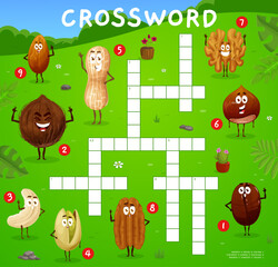 Crossword quiz game grid cartoon nut characters. Vector find a word worksheet vocabulary test with coconut, coffee, cashew and pistachio. Peanut, hazelnut, walnut or pecan and almond personages