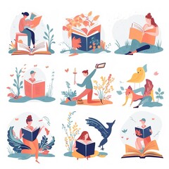 Book concepts set. Happy readers reading fiction, fantasy, fairytale, education and business literature for knowledge, wisdom.