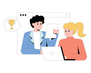 Business partnership. Colleagues communicating over Internet. Businesswoman taking notes. Career goal achievement for employees. Flat vector illustration in blue and red colors