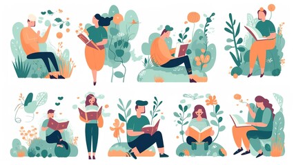 Book concepts set. Happy readers reading fiction, fantasy, fairytale, education and business literature for knowledge, wisdom.