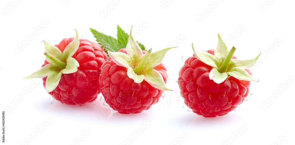 Canvas Prints Raspberry with leaves  in closeup on white background