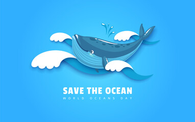 World oceans day, cartoon funny blue whale on paper cut sea waves, vector background. Save ocean, sea eco environment and undersea life protection poster with papercut whale on water waves